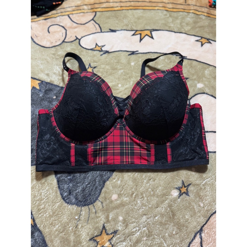 Torrid Plaid Lace Up Corset Bra 42DD Black Red Tartan Lingerie